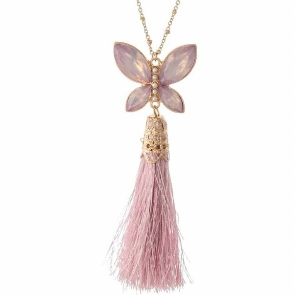 NEW JUDSON & CO. women's crystal butterfly tassel pendant necklace in pink laven